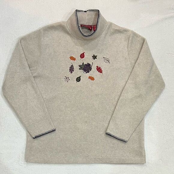 NorthCrest Fall Leaves Fleece Mock Neck Pullover Size Medium - Picture 4 of 15